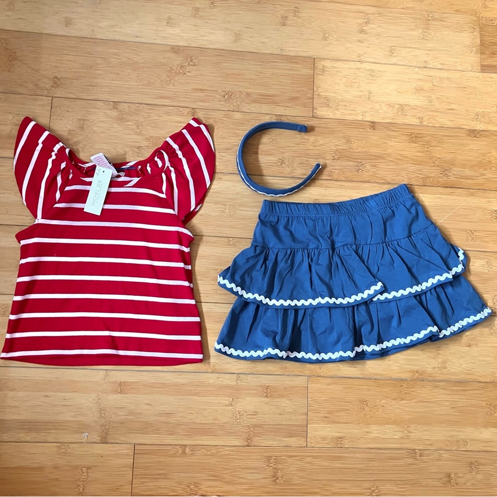 NWT Girls Size 7-8 Patriotic Outfit - Striped Top & Tiered Skorts & Headband Set